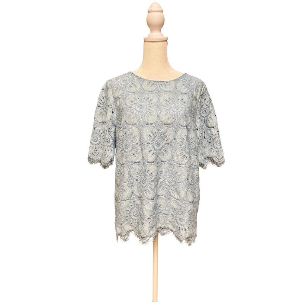 Banana Republic Blue Lace Blouse Women M Floral Crochet Short Sleeve Top